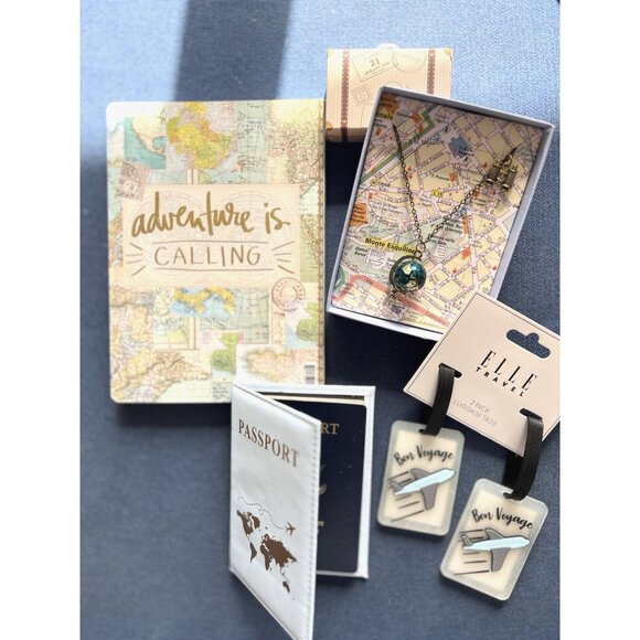 TRAVELER 5 Pc Gift Guided Journal Passport Cover Bag Tags Globe Necklace TRAVEL - Picture 2 of 10